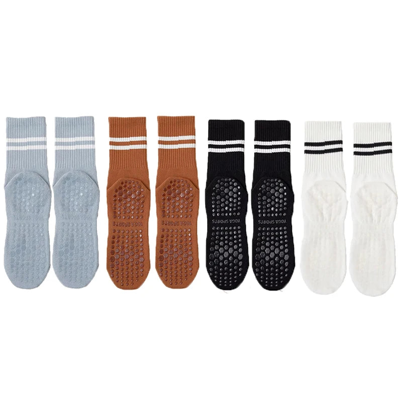 4 Pairs of Mid Tube Double Bar Striped Yoga Socks Anti Slip Dance Sports Breathable Socks Fitness Pilates Cotton Socks