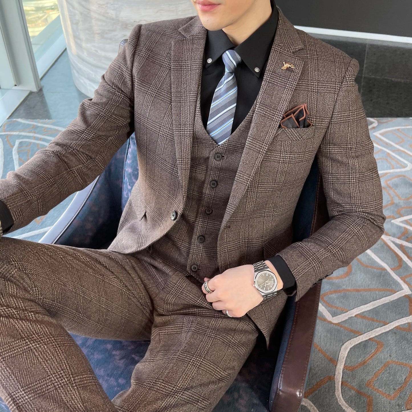 British Korean Style High Quality Modified Plaid Three-Piece Suit for Men - Stylish Business Casual Suit Vest And Trousers Set