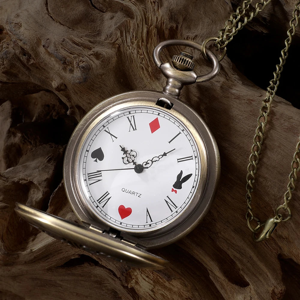 New Bronze Quartz Pocket Watch Retro Alice Theme Pocket Fob Watch Pendant Necklace Pocket Watch Men Womens Gift