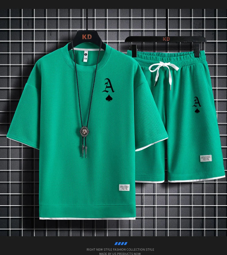 Fashionable casual men's sports suit short-sleeved T-shirt and outdoor summer sports shorts two-piece set daily casual