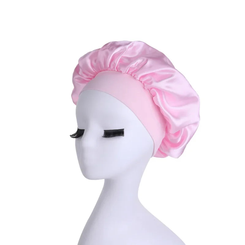 Solid Satin Bonnet Hair Wrap Elastic Band Narrow Head Tie Band Edge Bathroom Shower Cap for Sleeping Women Shower Hair Care