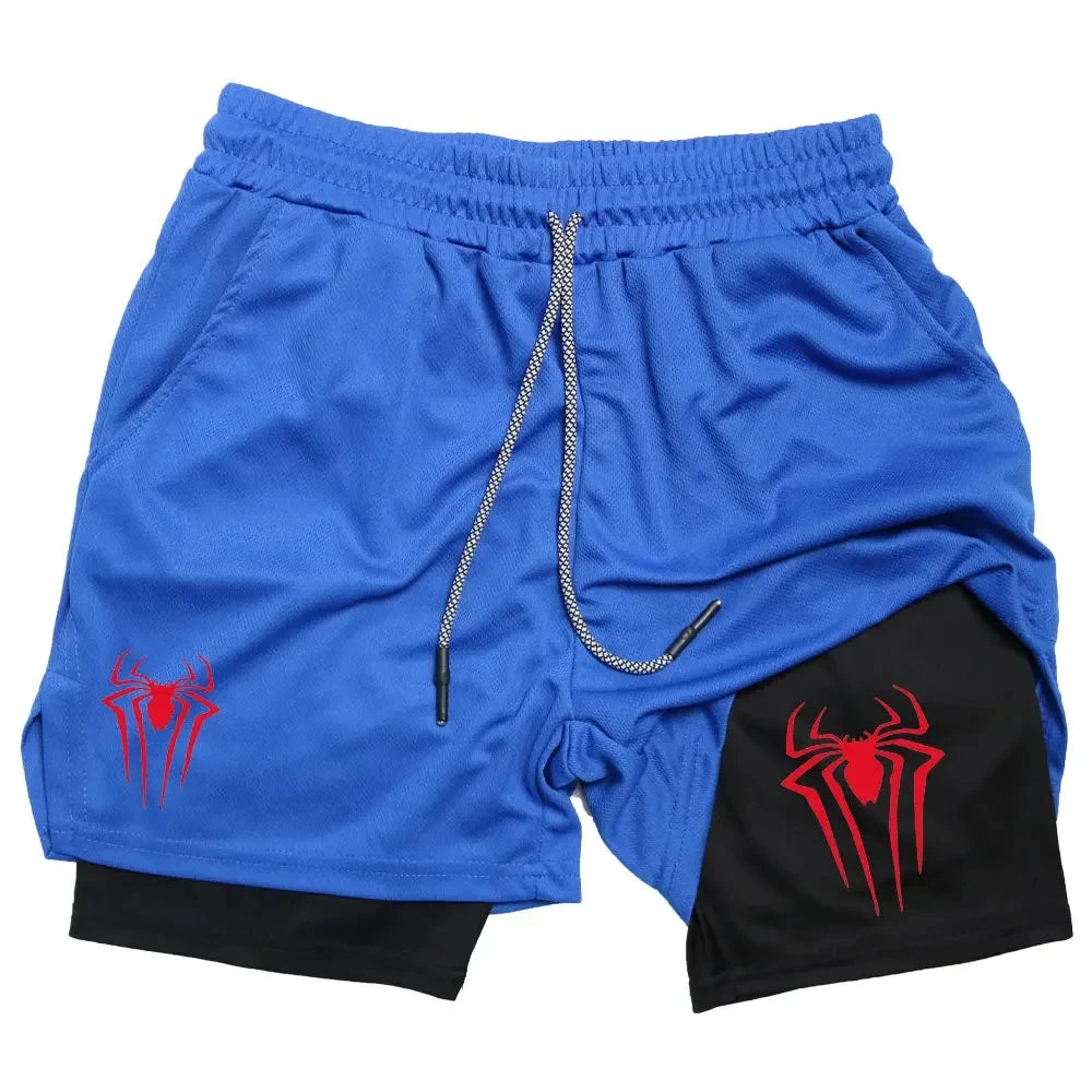 Y2K Performance Shorts Men Spider Printed GYM Casual Sports Compression Shorts Workout Running Mesh 2 In 1 Sport Short Pants