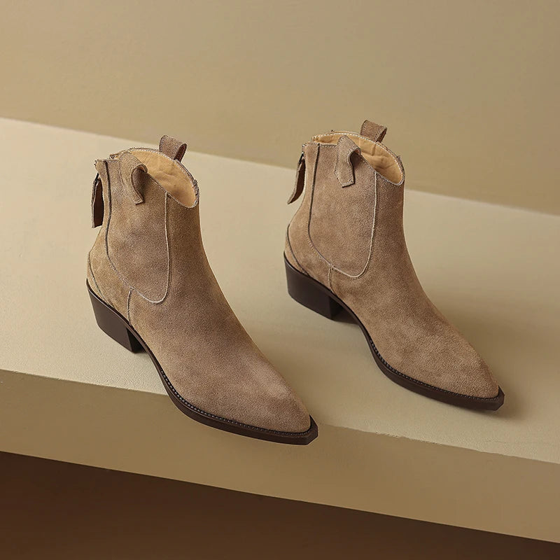 Cow Suede Women Western Boots Black Brown Khaki Mid Block Heels Back Zipper Pointed Toe Retro Ladies Autumn Winter Ankle Boots