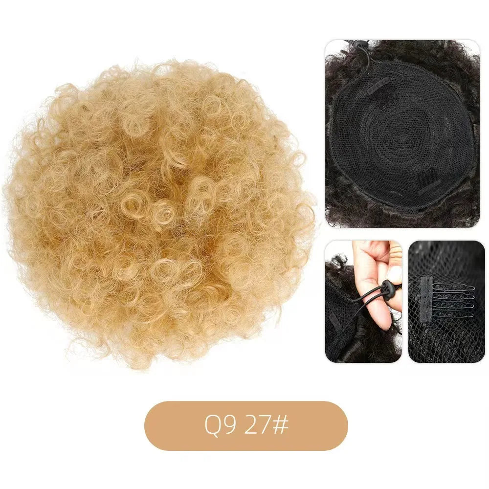 1pc Women's 10-Inch Afro Kinky Curly Synthetic Ponytail Extension Drawstring Afro Puff Basic Style Hair Bun Wig for Daily Use