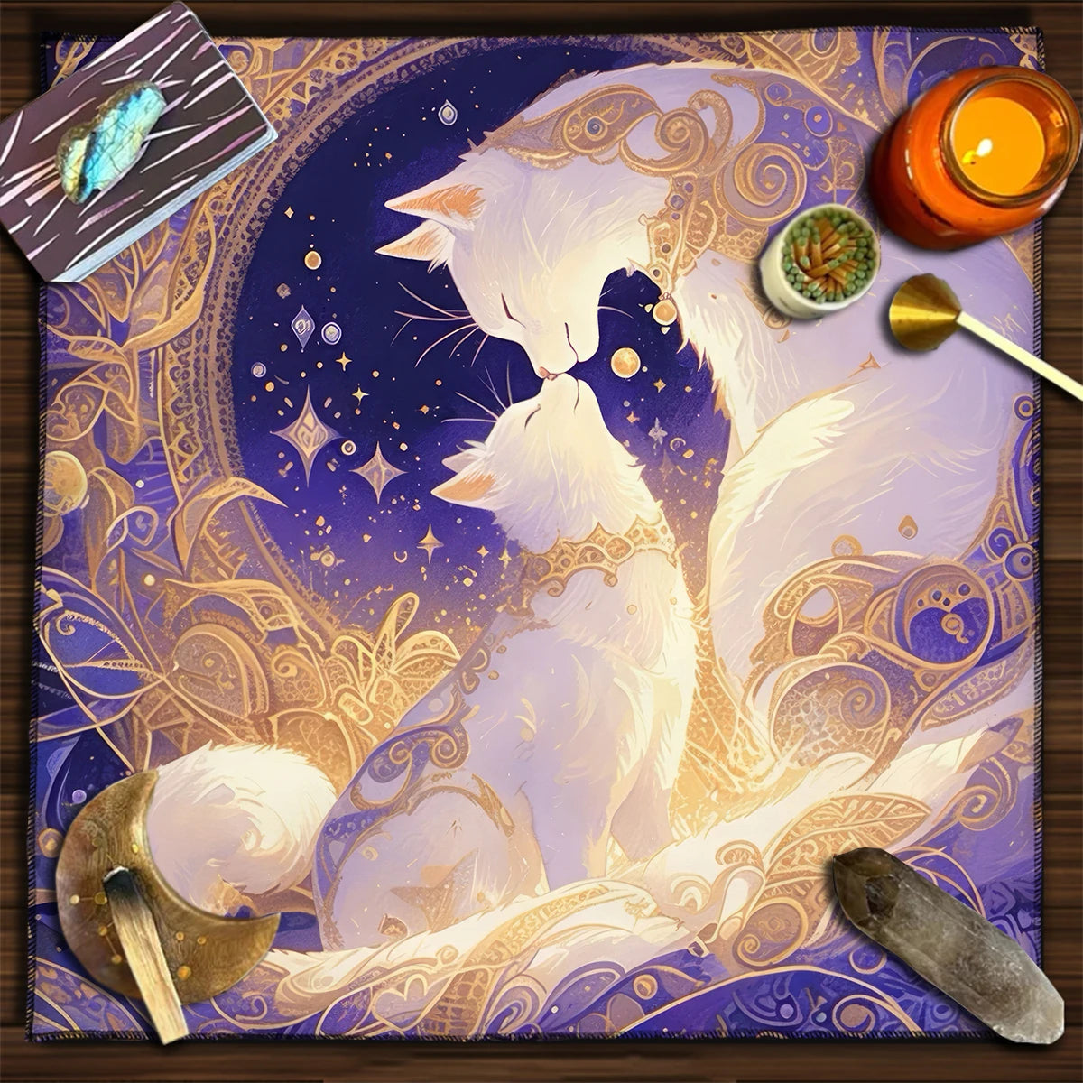 Colorful Mandala Black Cat Altar Cloth Tarot Tablecloth Witchcraft Cat & Moon Starry Sky Divination Cloth Tarot Mat Home Decor