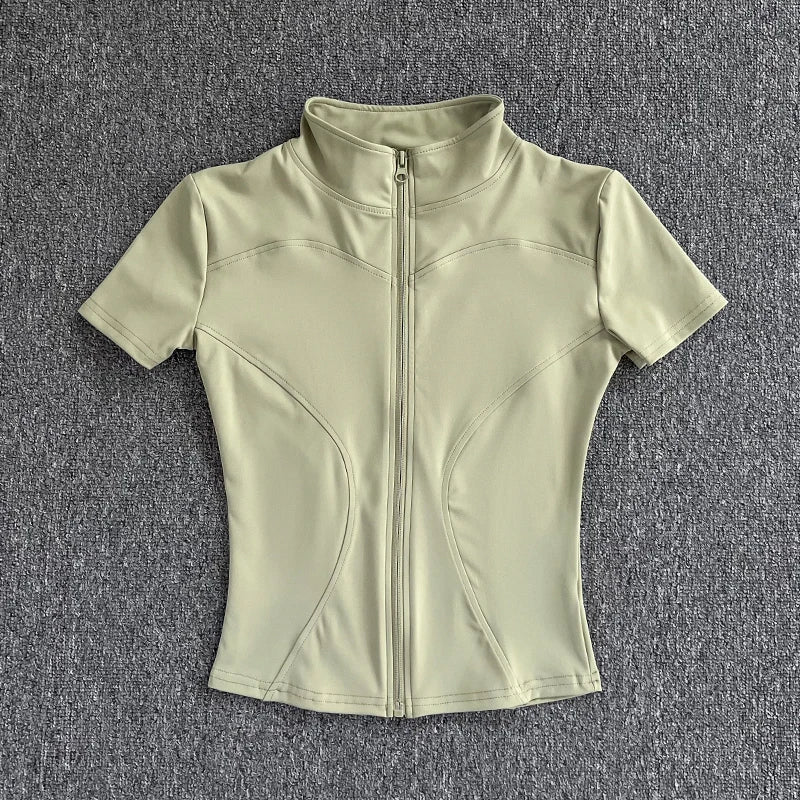 Summer High Quality Waist Slimming Training Tops Women's Quick-drying Tight Stand Collar Full Zipper Short Sleeves Yoga shirts
