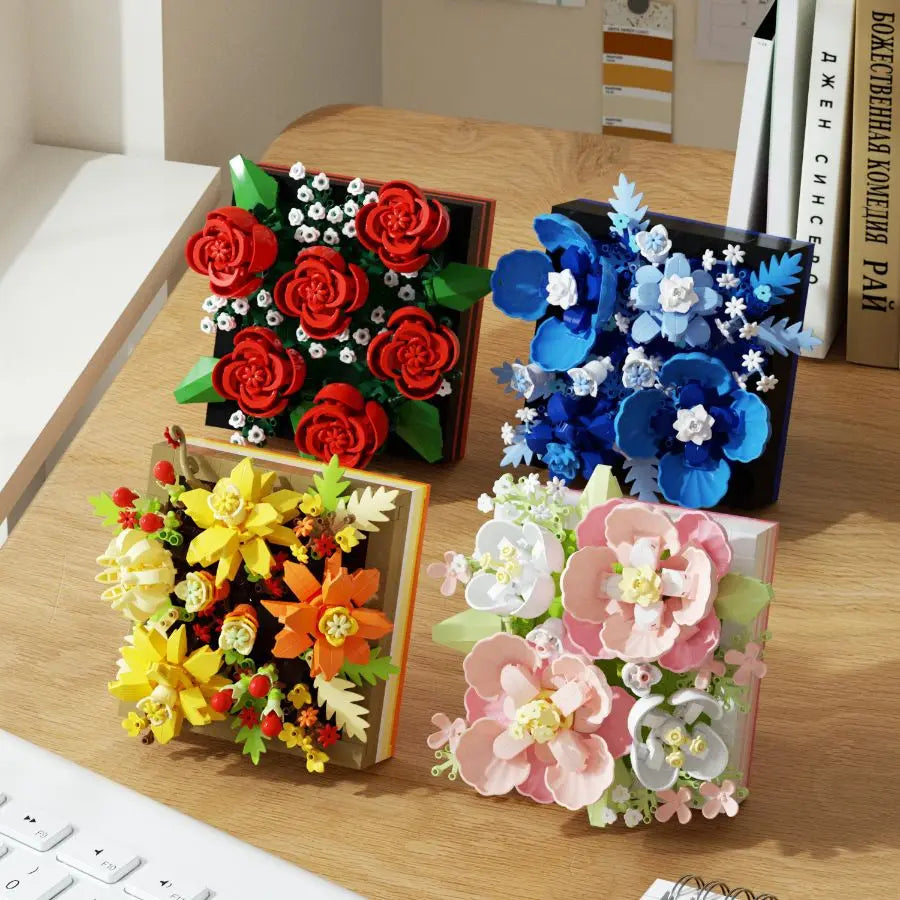 Flower Bouquet Bonsai Building Blocks Artificial Plastic Plant Dust Cover Micro Model Home Decoration Toy For Kid Birthday Gift