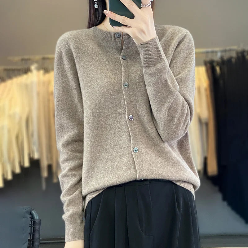 100% Merino Wool Sweater Women O-Neck Cardigan Basic Style Buttoned Knitwear Female Casual Autumn Winter Soft Tops