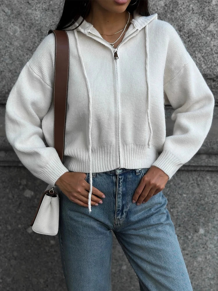 Autumn Knitted Women's Short Cardigan with Zipper Gray Winter Sweater Casual Cute Vintage White Cardigan for Women with Hood