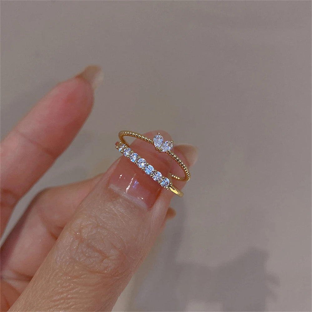 2PCS Aesthetic Elegant Dainty Crystal Heart Rings for Women Girls Gold Color Stackable Delicated Love Finger Ring Set Jewelry
