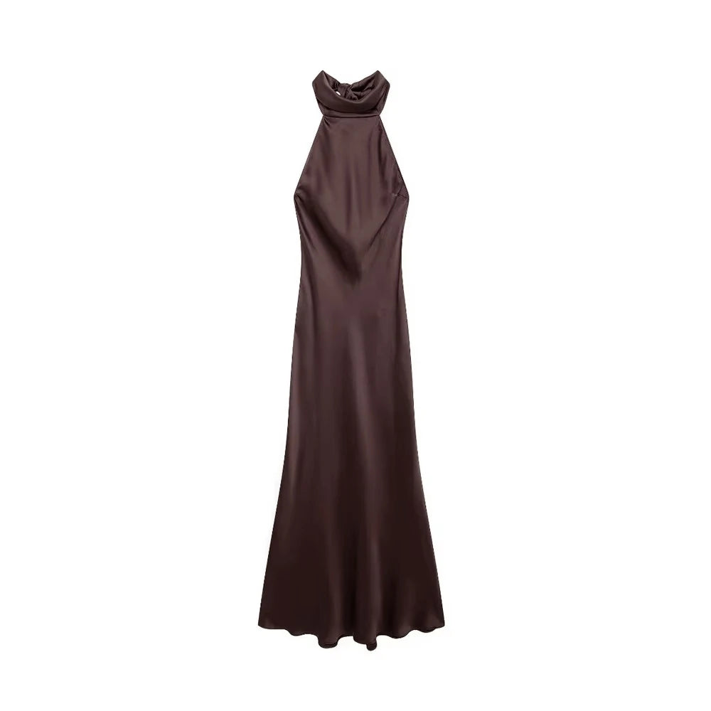 Women's Long Satin Halter Dress, Backless, Bow Tied, Back Zipper, Female Dresses, Sexy Fashion
