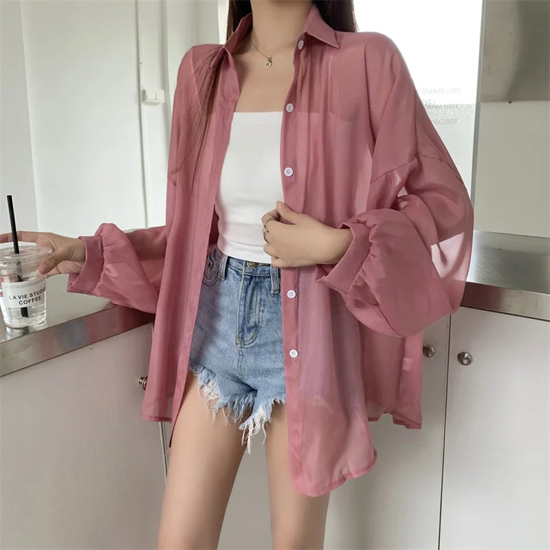 Semi Sheer Long Sleeve Shirt for Women Shimmer Button Down Collared Plain Lightweight Shirt Spring Summer Chic Tops Outfit