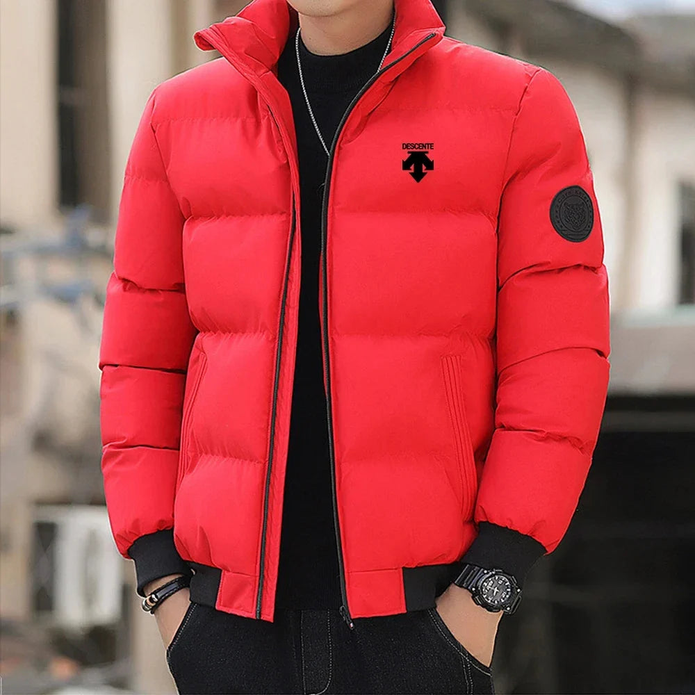 A new men's casual stand-up collar down cotton thermal jacket for winter 2026, a fashionable cotton jacket for outdoor sports