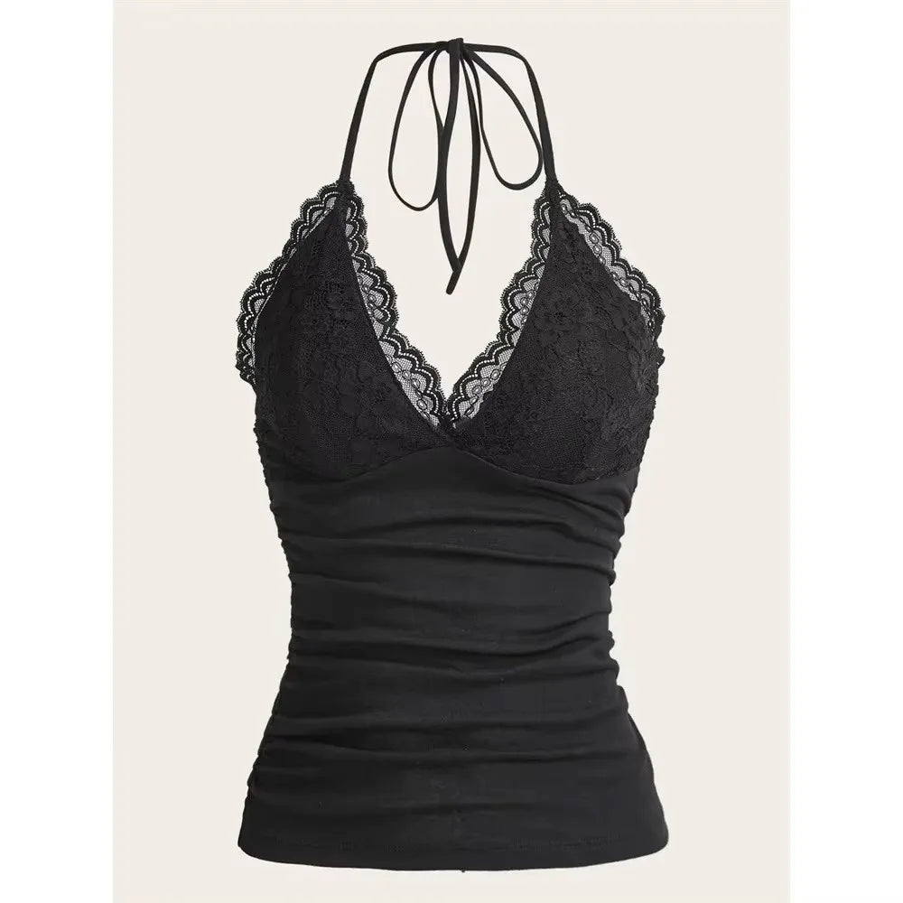 Black Lace Patchwork Halter Top Women Summer Solid Ruched Backless Sleeveless Tank Top Streetwear Clothes