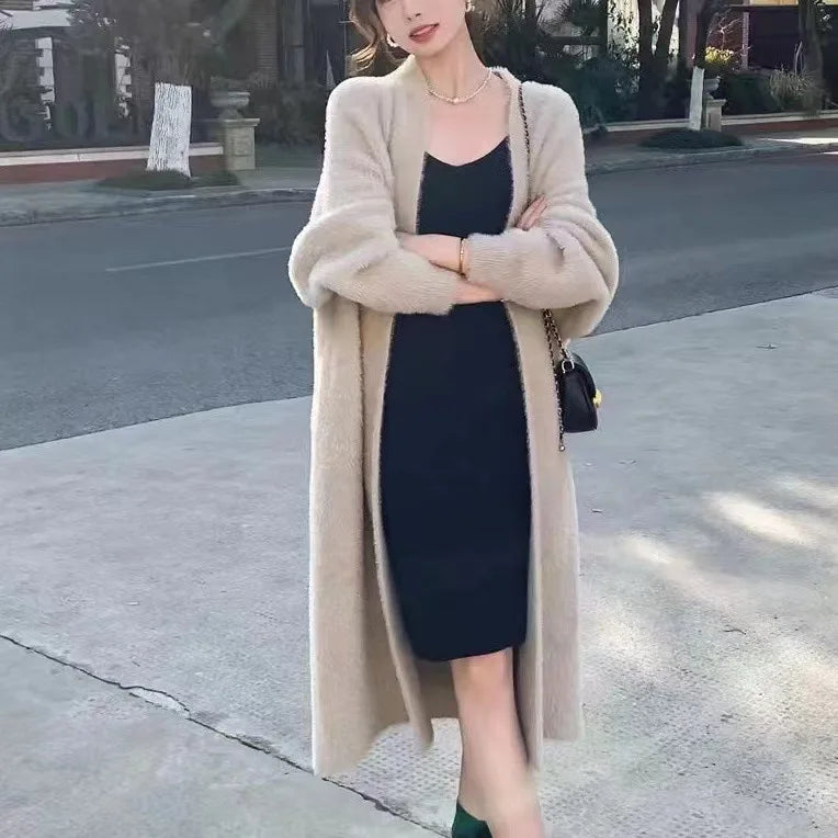 Autumn and winter loose and lazy style open knit coat, thick knee length imitation mink fur long sleeved sweater, warm jacket