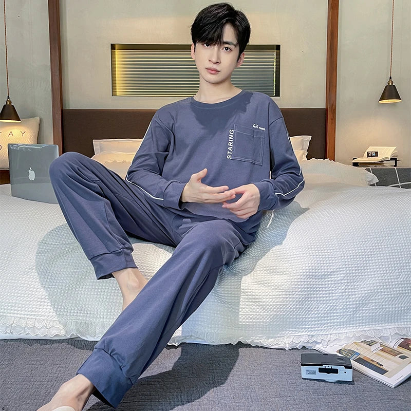 Spring Autumn Plus 4XL Knitted Men's Sleepwear Letter Lattice Pajamas Plaid Pajamas Sets Casual Loungewear Pyjamas Night Fashion