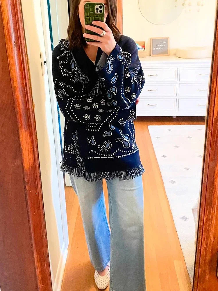 Tassel Patchwork Printed Cardigan Women Fashion V-neck Long Sleeve Loose Outerwears Lady Autumn Daily Commute Street Cardigans