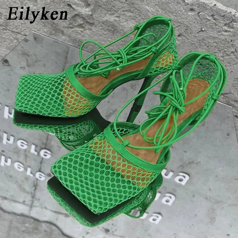 Eilyken Sexy Mesh Pumps Sandals Female Square Toe High Heel Lace Up Cross-Tied Stiletto Hollow Dress Shoes Zapatos Mujer