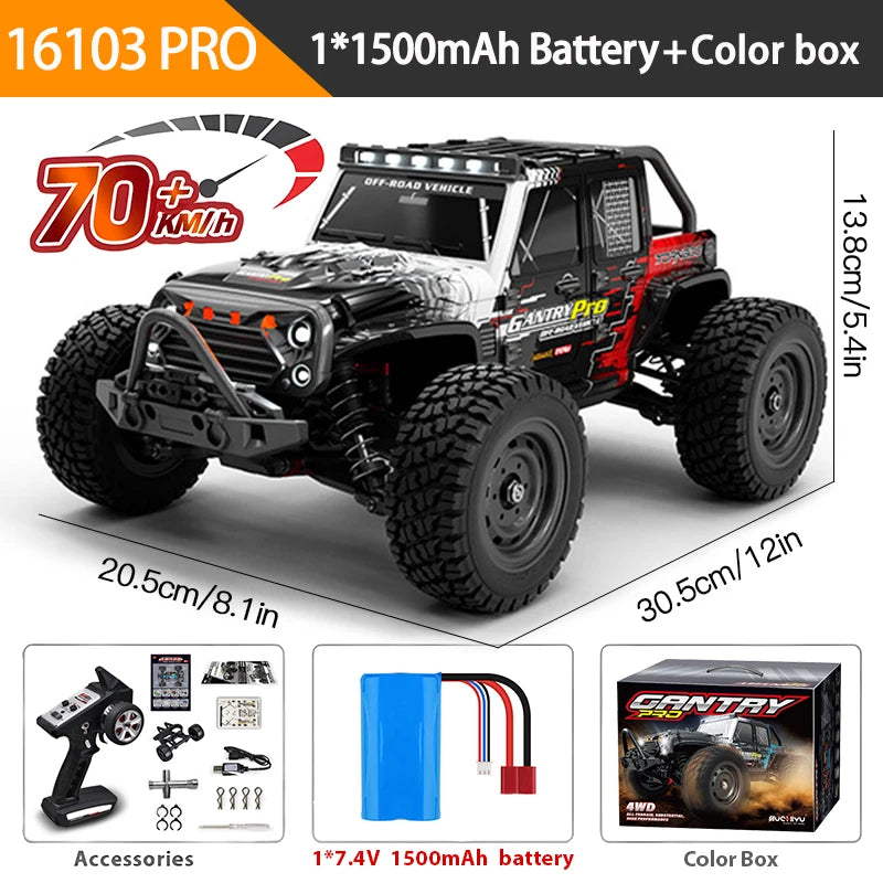 16103PRO 2.4GHz 70KM/H Professional RC Car: Brushless Motor, 1:16 Scale 4WD High-Speed Off-road Climbing Vehicle Wtith LED Light