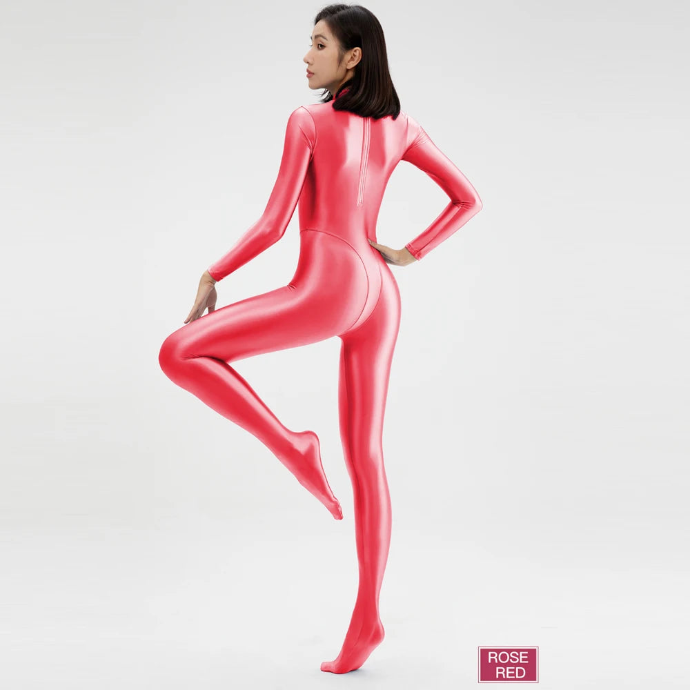 2023 AMORESY Women's Catsuit Playsuits Wetlook Shiny Glossy Tights Zipper Leotards Fullbody Overall Zentai Jumpsuits