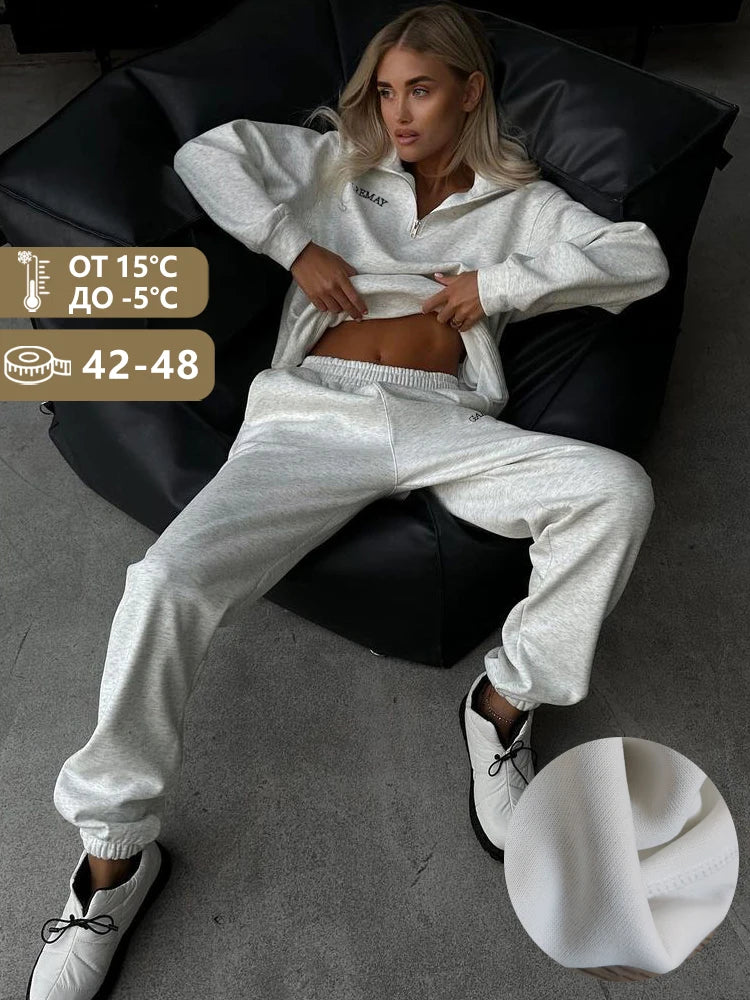 Autumn Women's Tracksuit with Zipper Cotton Oversize White Casual Two Piece Set Women Classic Sports Trouser Suits for Women