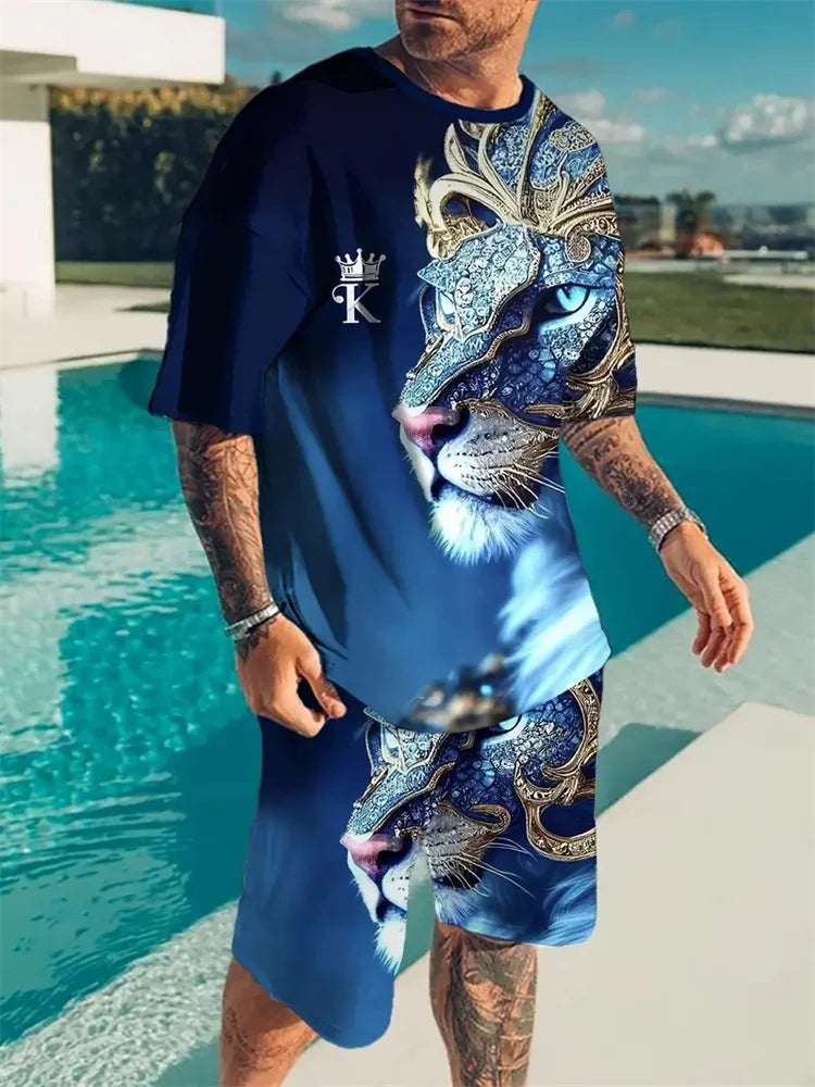 New Men's Sports Suit 3D Three-Dimensional Lion Print Short-Sleeved Outdoor Travel Leisure Two-Piece Suit Plus Size Clothing