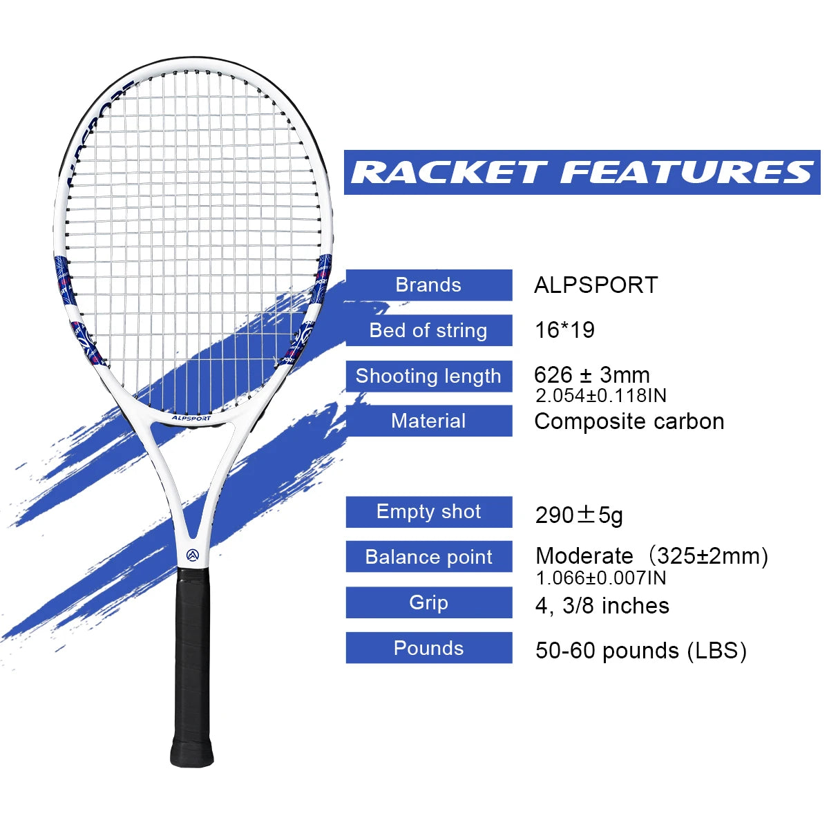 ALPSPORT Carbon Fiber Tennis Racket T800 18K-Professional Grade with Bag&Strap Lightweight Training Racquet for Adults Men&Women