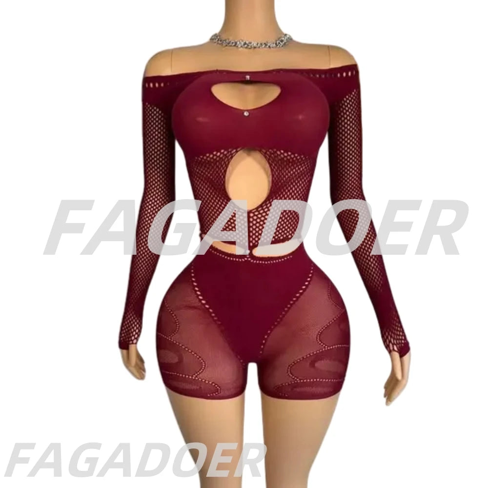 HLJ Sexy Hollow Out Rompers Women Off Shoulder See Through Long Sleeve Bodycon Playsuits Jumpsuits Female Party Clubwear New