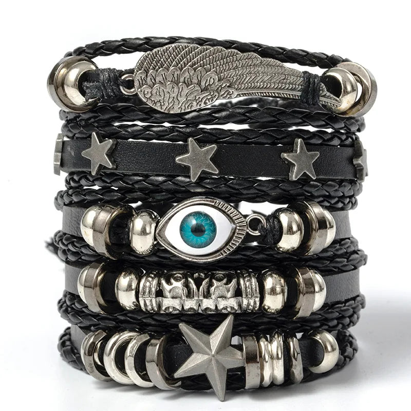 6pcs/Set Black Punk Skull & Star Shaped Alloy & Pu Leather Bracelet