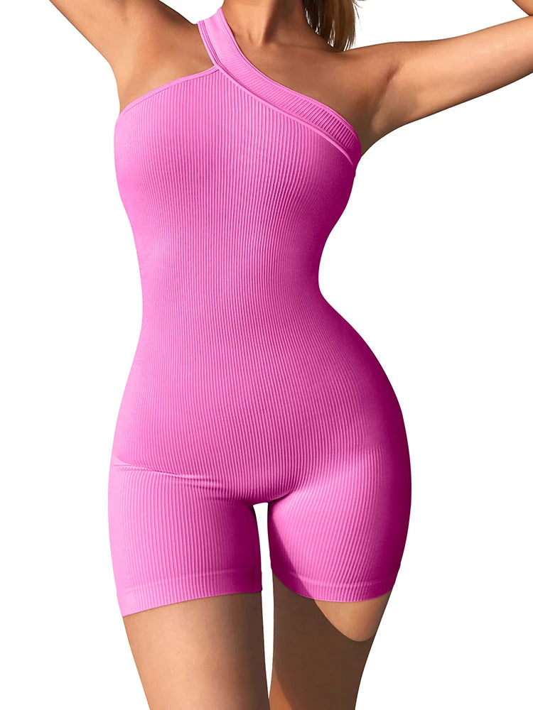 Women's Yoga Rompers One Piece Tummy Control Seamless Ribbed Jumpsuit One Shoulder One Piece Fashion Fitness Sportwear