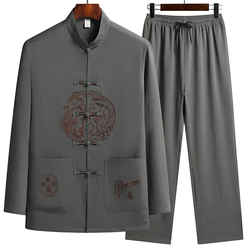 Male printing Chinese style long sleeves shirts trouser 100% Cotton Silk fabric Sportswear Men's Casual Sets Shirts + Pants
