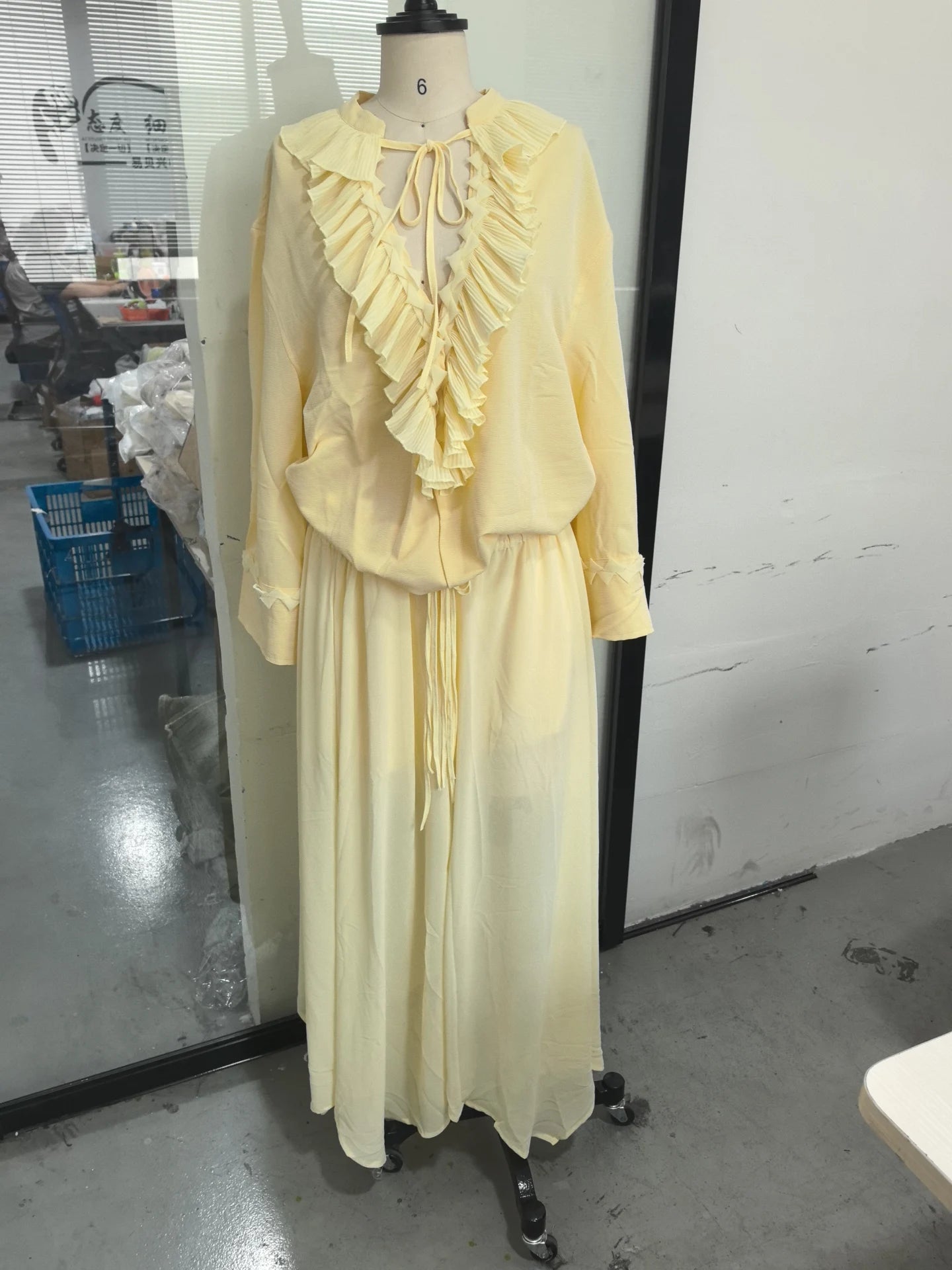 Women Solid Chiffon Ruffle Yellow Blouse Sheer V-neck Lace Up Full Flared Sleeve Shirts 2025 Summer Lady Fashion Loose Top New