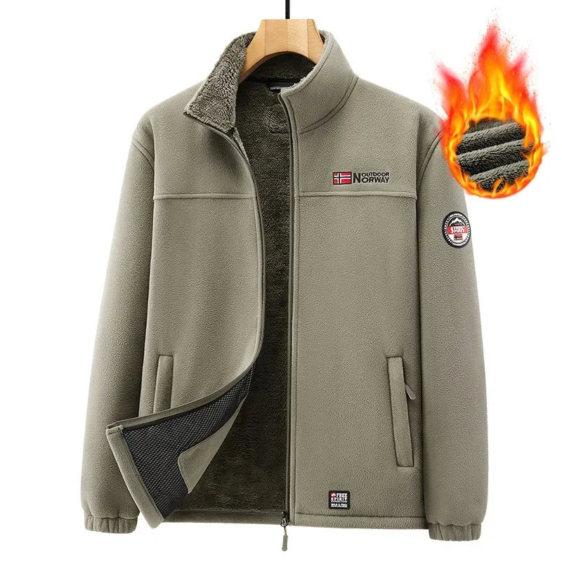 Men's Stand Collar Fleece Lined Jacket Autumn Winter Cold Proof Outerwear Sheep Fleece Lining Windproof Men's Outerwear
