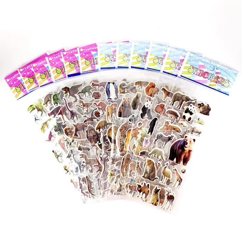 12 Sheets Wild Animals Style Stickers 3D Cartoon Classic Toys Scrapbook Learning Cognitive Sticker for Kids Gift