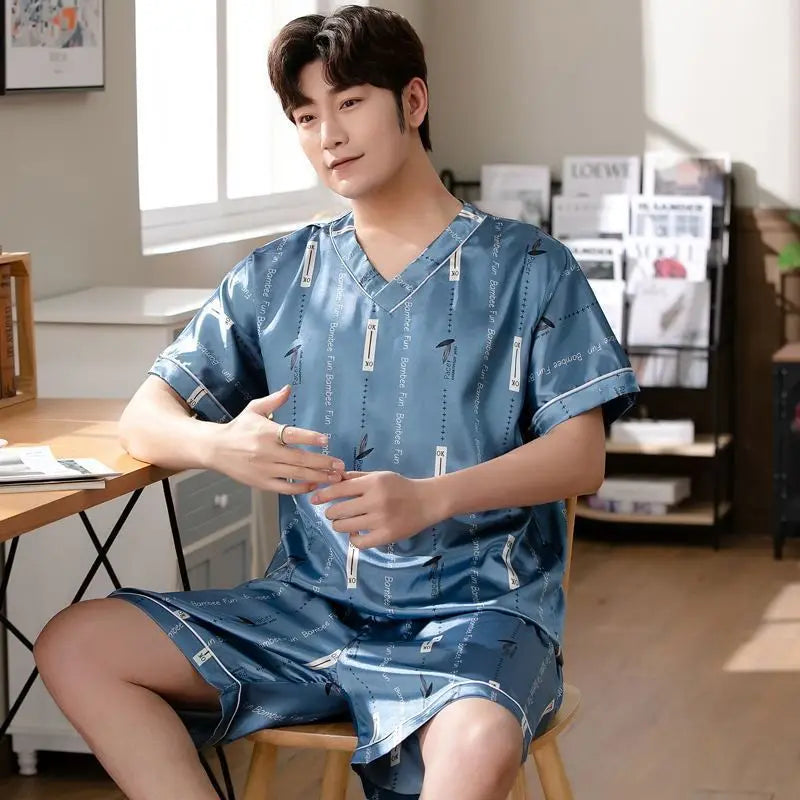 Large Size Men Homewear Ice Silk Short-Sleeved Shorts Student Pajamas Korean Version with Letters Loose 3xl Short-Sleeved Two-Pi