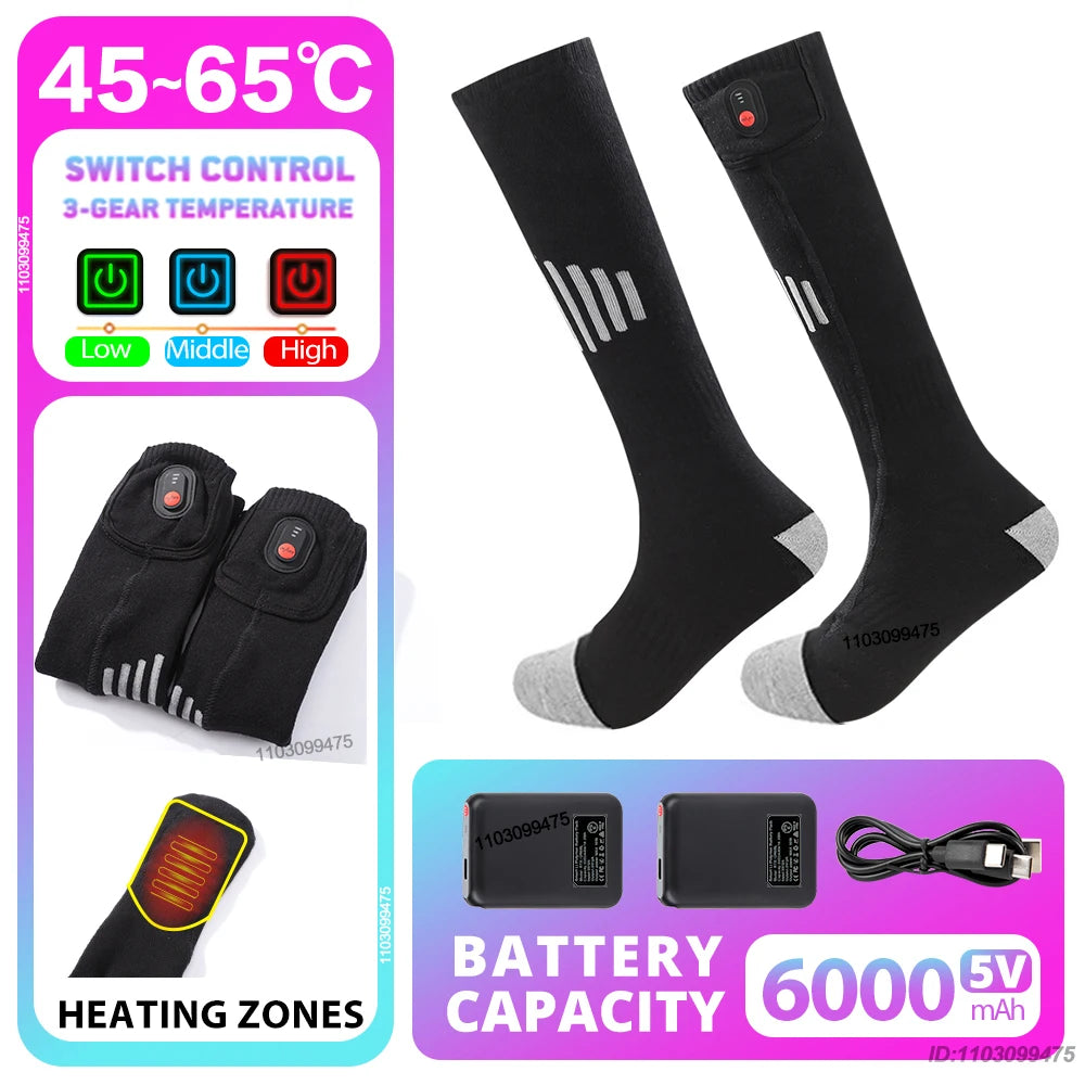 New Heated Socks Rechargeable 6000mah Electric Heated Skiing Socks Snowboarding Outdoor Sports Foot Warmer Winter Thermal Socks