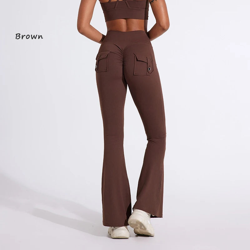 DIAS FIT JOY Women's pocket bell bottoms yoga high waisted hip lifting fitness pants quick drying running exercise fitness gym