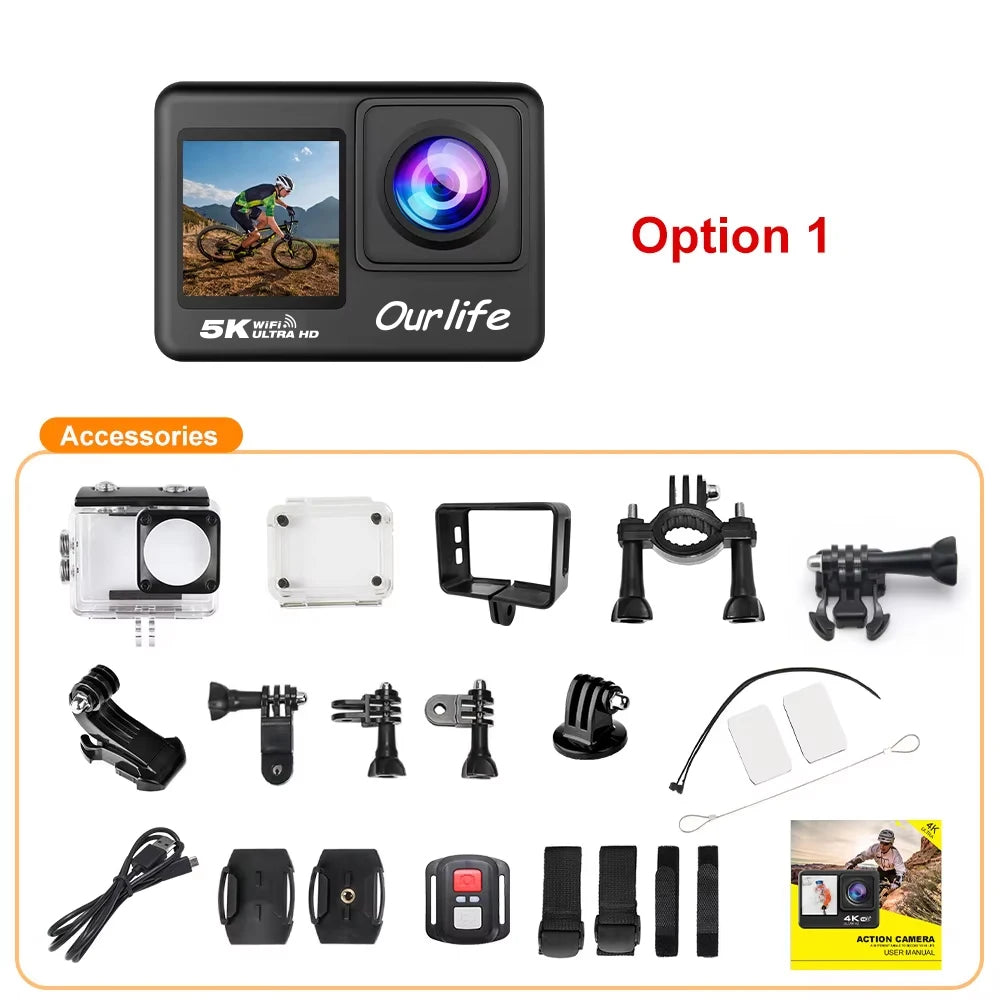 Ourlife 5K Action Camera 4K60FPS 2.0 Inch Touch Screen WiFi 170¡ã Wide Angle 30M Waterproof Bicycle Motorcycles Sports Cameras