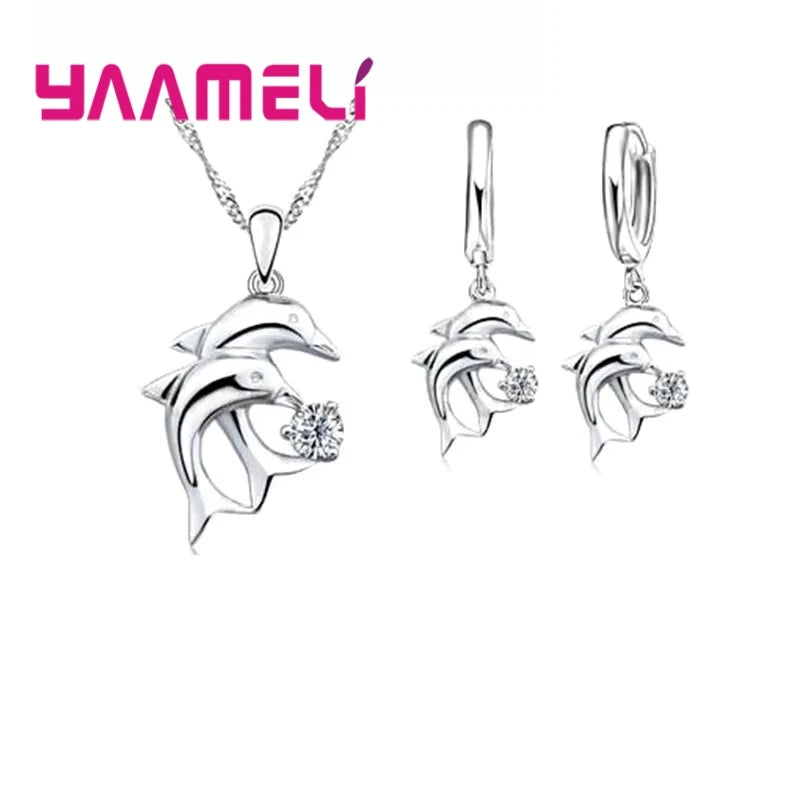 925 Sterling Silver Color Bridal Jewelry Sets Dolphin Design Crystal Necklaces Hoop Earrings Women Girls Engagement Anniversary