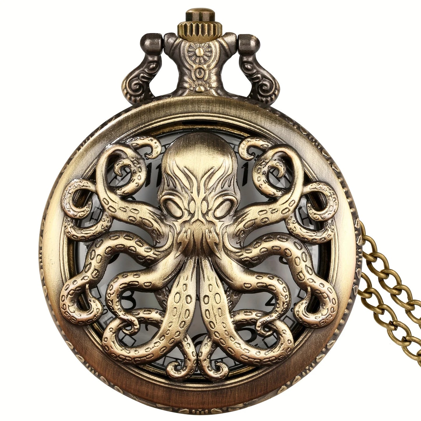 Unique Retro Bronze Octopus Pattern Design Quartz Pocket Watch With Necklace Chain Gift for Male Kids Chronograph Hombre Relojes
