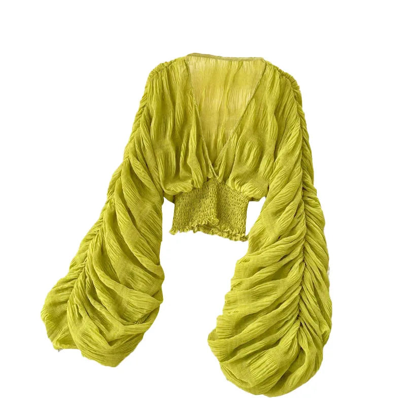 Women Sexy Chiffon Short Blouse Female See Through Super Long Sleeve Blusas Purple/Green/Black/White Folds Party Tops 2022 New