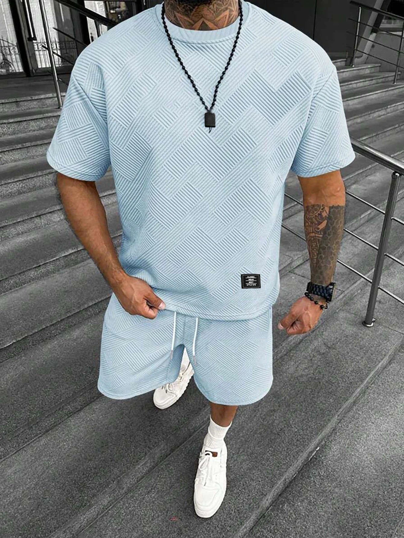 Men's Textured Letter Patched Round Neck Tee & Drawstring Shorts Two-Piece Set Regular Fit Casual Short Sleeve T shirt & Shorts