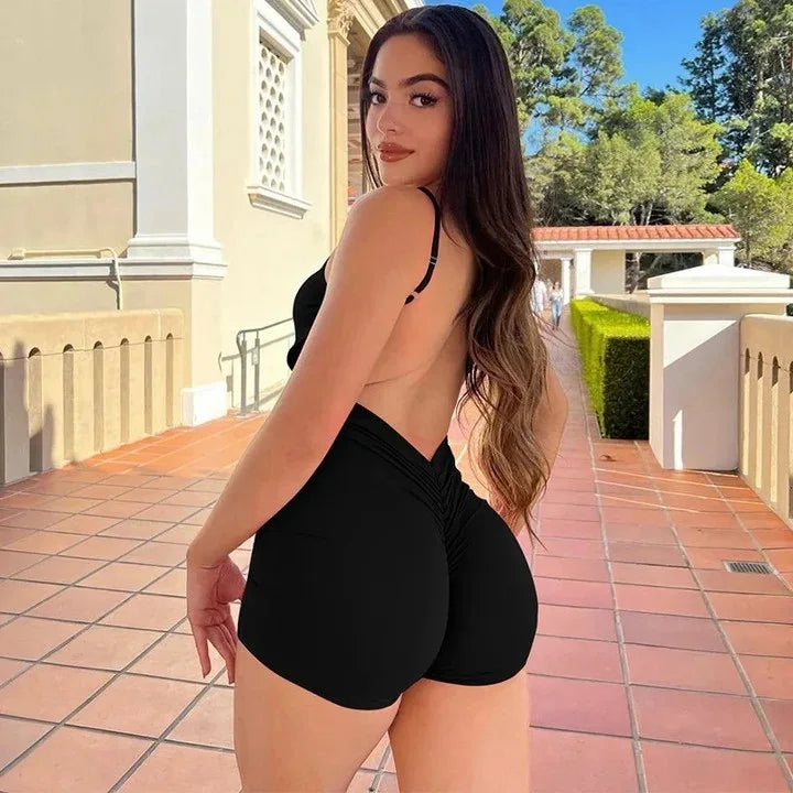 Sexy Backless Women Playsuits Solid Color Spaghetti Strap Sling Romper Summer U-Neck Sleeveless Skinny Slim Short Playsuits