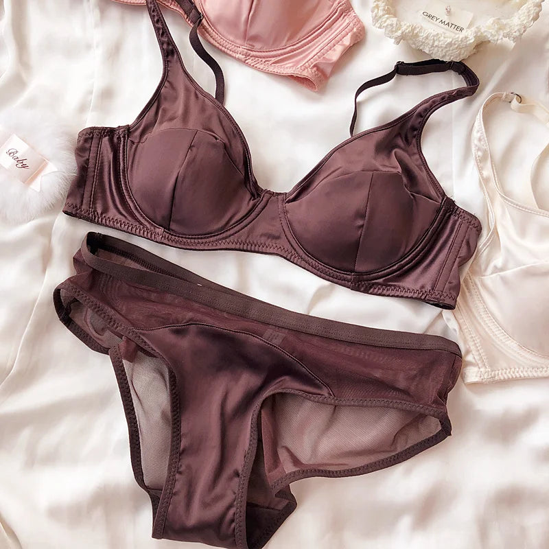 Women Ice Silk Comfort Underwear Sexy Small Breast Push Up Bra Set Detachable Padding Thin Cup Brassiere Intimates Panties Set