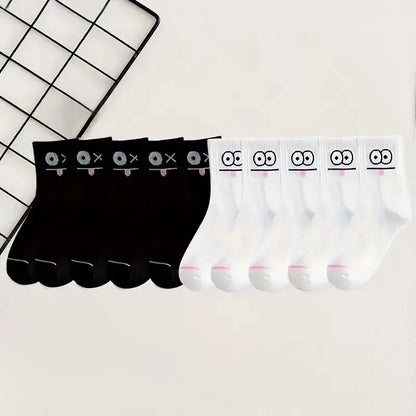 5/10 Pairs Women's Cute Expression Printed Ankle Socks Comfort Interesting Spring Autumn Medium Tube Sock Girls' Short Socks