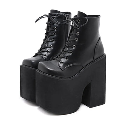 Gdgydh Women's Y2K Style Short Boots Square Closed Toe Lace Up Platform Boots High Chunky Heels Fashion Solid Color Shoes