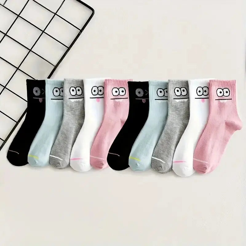 5/10 Pairs Women's Cute Expression Printed Ankle Socks Comfort Interesting Spring Autumn Medium Tube Sock Girls' Short Socks