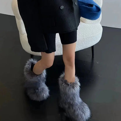 Women's Winter Snow Boots Outdoor Luxury Furry Faux Fox Fur Boots Woman Plush Warm Platform Shoes New Fashion Bottes Big Size 46