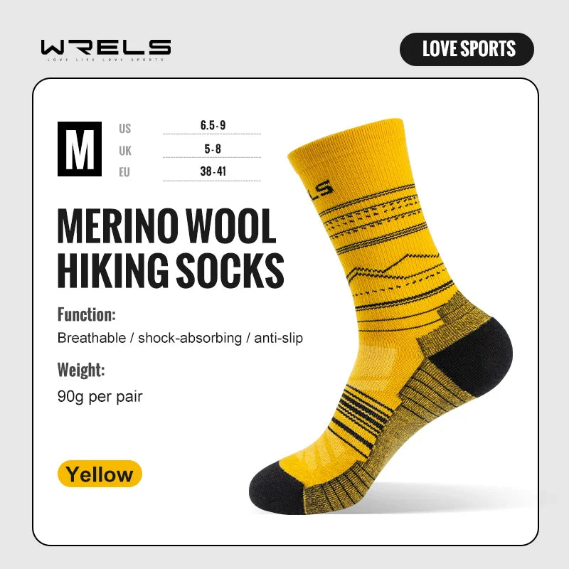 WRELS Merino Wool Socks Hiking Running Socks Soft Lightweight Shock Absorption Damping Mid-Calf Breathable Ankle Cycling Socks