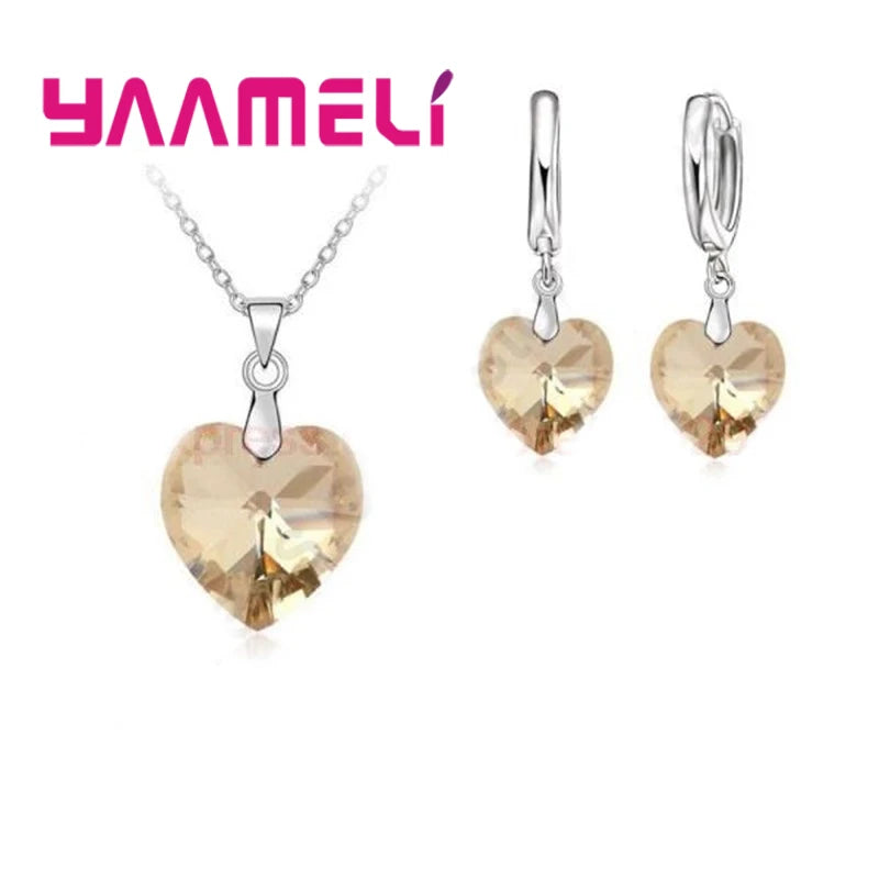 Love Heart Shape Women 925 Sterling Silver Color Bridal Jewelry Set For Wedding Fashion Crystal Pendants Necklaces Earring Set